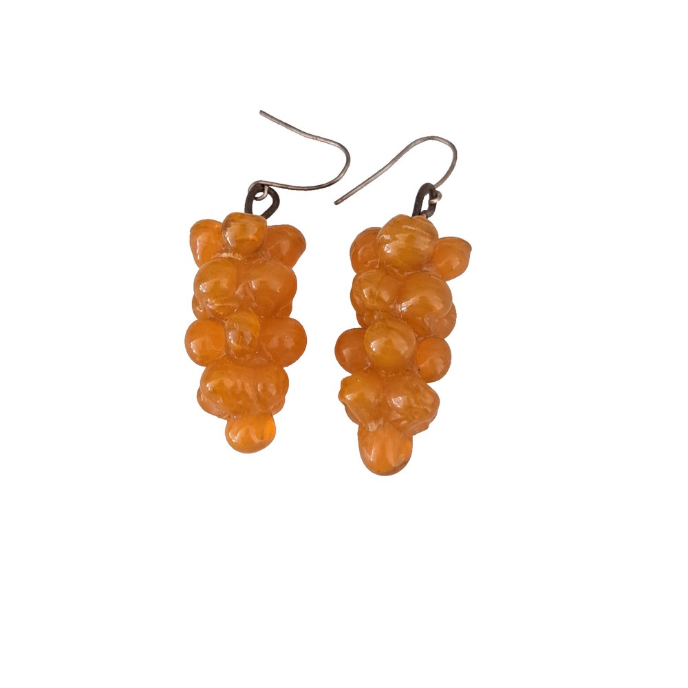 Vintage Amber Glass Grape Cluster Dangle Earrings